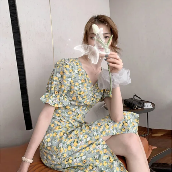 년 신록 꽃 원피스 여 하차 다리길이 여신 범 도드라져 보이는 날씬한 롱스커트