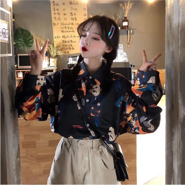 가을 학원 무드 취미 여성 긴 소매 와이드 레쉬셔츠 와이셔츠