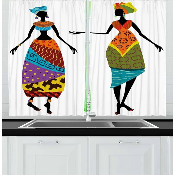 Ambesonne African Kitchen Curtain 전통의상 실루엣을 입은 숙녀들 민족성 빈티지 디스플레이 주방 카페 장식용 윈도우 드, 단일옵션