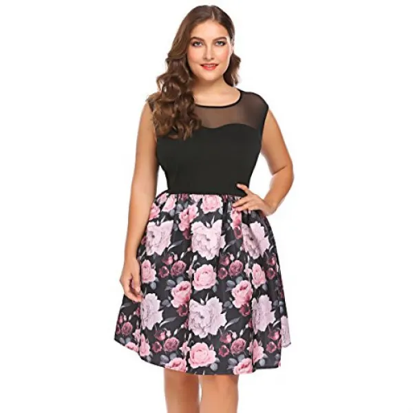 Zeagoo Women Plus Size Summer Womens A-Line Sleeveless Mesh Printed Floral Lace Cocktail Party Dresses