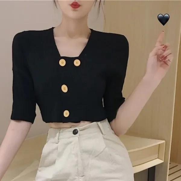 대박걸 골지 박시 브이넥 반팔 섹시 티셔츠 여조추 슬림 크롭 버튼 디자인 쇼트 코트 상의