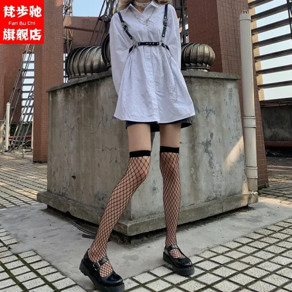 망사 양말 Jk 여성 무릎넘어 삭스 롱공격함 속히 폭격 스타킹 그리드 섹시 블랙 Ins조암