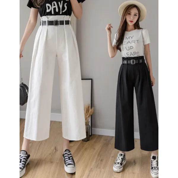 * 123422 바람 여 봄 여름 하 이 웨스트 드 림 핏 스트레이트 블랙 구름 9 부 흰 꽃 봉 캐 주 얼 정장 바지 블랙 (벨트 선물) S