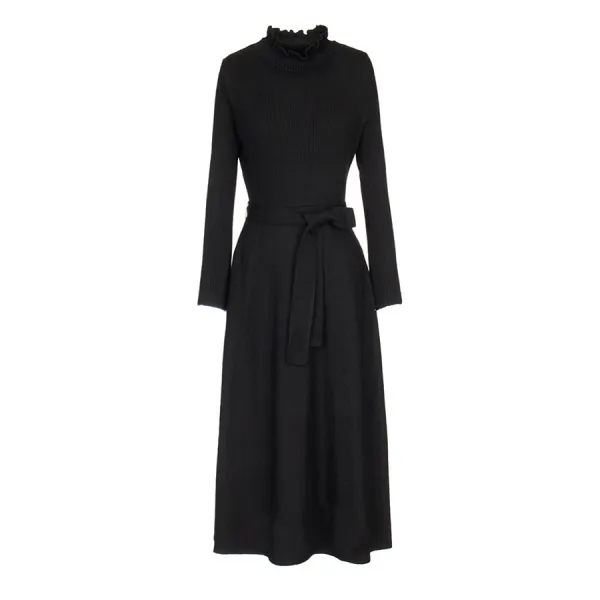 베스띠벨리 여성 가을 원피스 60% 할인 무료배송 2019 주름넥 스트렙 벨트 롱 솔리드 블랙 니트