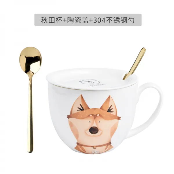 고안치 있음 뚜껑 스푼 대용량 귀리 그릇 초귀여움 도자기 아침식사 후레이크 오버사이즈 물컵, 가을 논밭 _골자기 뚜껑 _스텐 스푼
