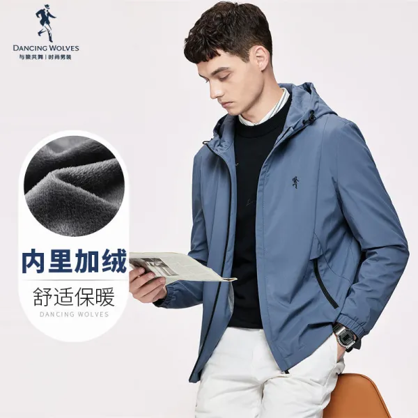 후드점퍼 늑대와 춤을 추다 기모 남자 가을 여우털 안과 밖이 매우 밀접하다 바람막이 남성코트 4599038243, 스모크 블루 129 165/84A/S