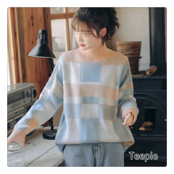 티피 여성 보들보들하고 편하다 심플 체크 루즈핏 니트 스웨터