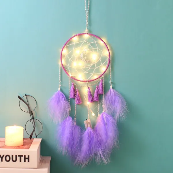 드림캐쳐 드림캐처 깃털 풍경 걸이식장식 가구 실내 인테리어 거는장식 창의적 공중 장식품 등장식 선물 T06 보라색 달모양 라이트내재 타입+사은품