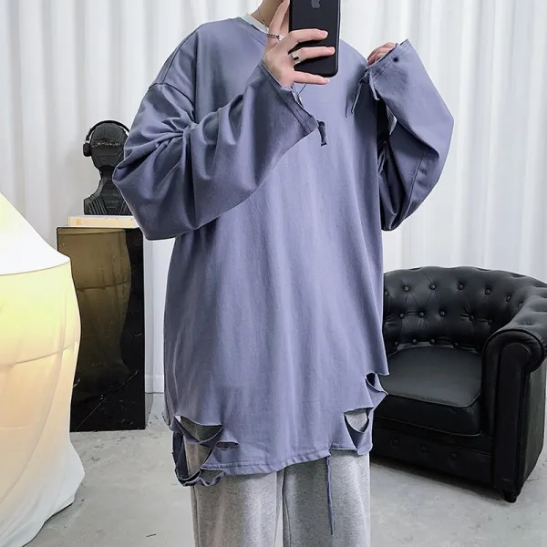 정 길 하절기 커플룩 학생당 봄 신어 밑자락 칼 베기 거지 바탕에 색칠하기 티셔츠, 블루