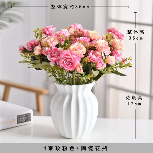 가랜드 조화 가화 포근한느낌 다발 플라워 4묶음 두견새 플라워집 거실 식탁 장식 플라스틱꽃 세트포장 장식품, T09-벌룬소매 도자기 꽃병+4묶음 로즈핑크