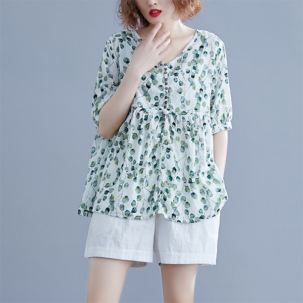  퀸앤조이 빅사이즈 미니단추 가득 반팔 블라우스