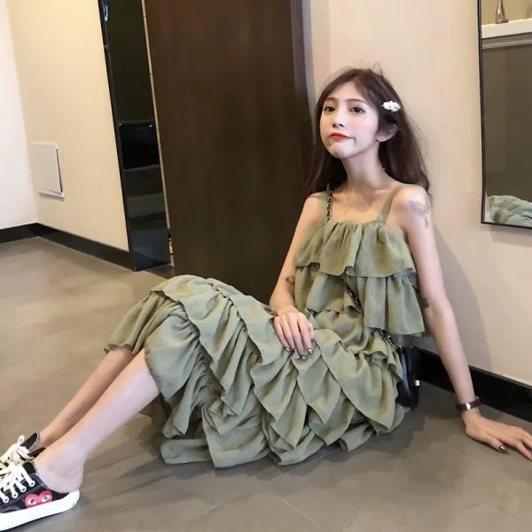 뷔스티에 아보카도 그린색 원피스 여신 chic그린티 민소매원피스 적합 하체비만 다리굵은 층층 여름