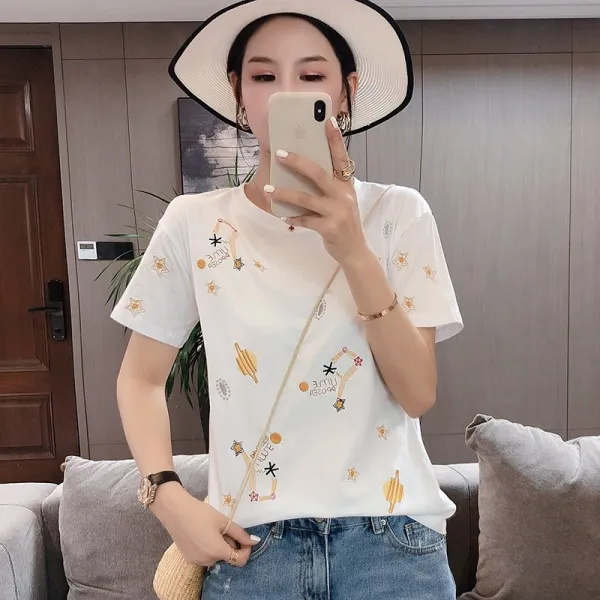 중노동 캐릭터 자수 화이트 반팔 티 여 슬랙스 봄여름 티셔츠