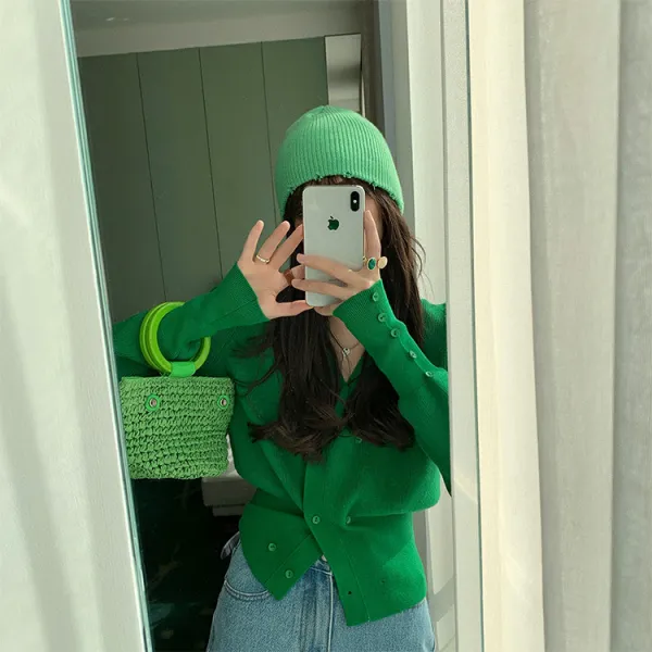 Alicew 바람둥이 짧은 타입 더블 단추 캔디 색깔 카디건 여자 벌룬소매 스웨터 X2개