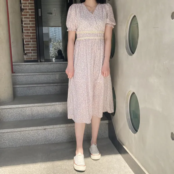 VANANA2 브이넥 카라 플라워 꽃무늬 롱원피스