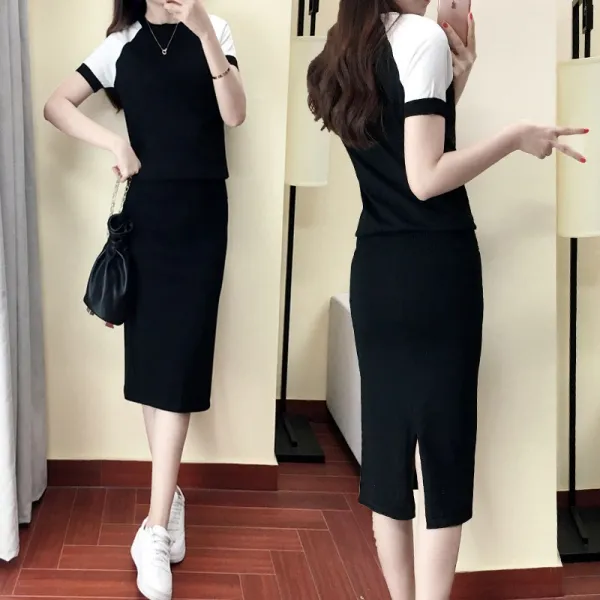 패션이루 스트라이프 H라인 슬림핏 스커트 투피스 세트 여성