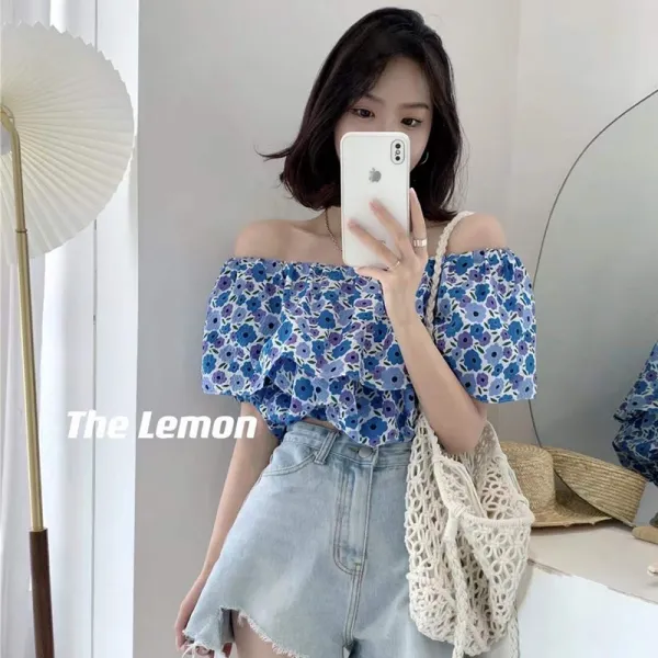 후후맘 블루반팔셔츠 THELEMON 여름 기계 조심 노골적으로 한다 오픈숄더 여성 디자인 감각 보이핏 볼륨 숏 시크 플라워