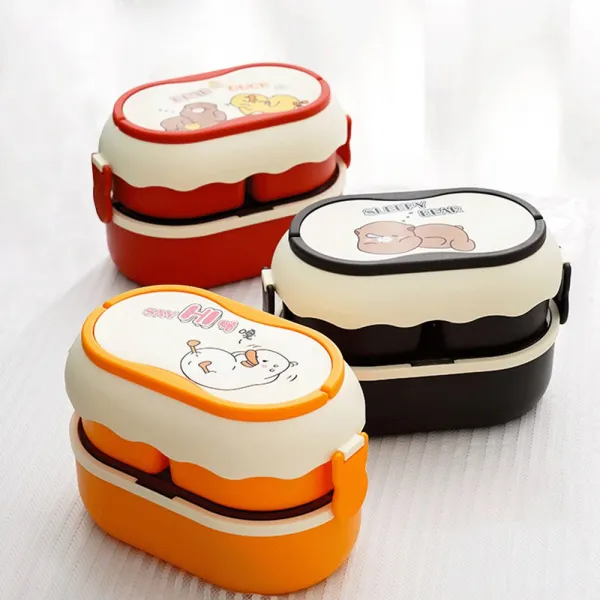 이층 도시락통 + 스푼 +젓가락 도시락 전자렌지 사용 타원형 대용량 1600ml 직장인도시락통 LMFH026, 노랑