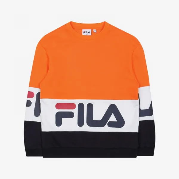휠라키즈 FILA 시그니처 및 뉴 배색 컬러 조합과 하단 빅 로고 프린트가 특징적인 삼단 컬러 블록 맨투맨 FK2POC1203XLOR