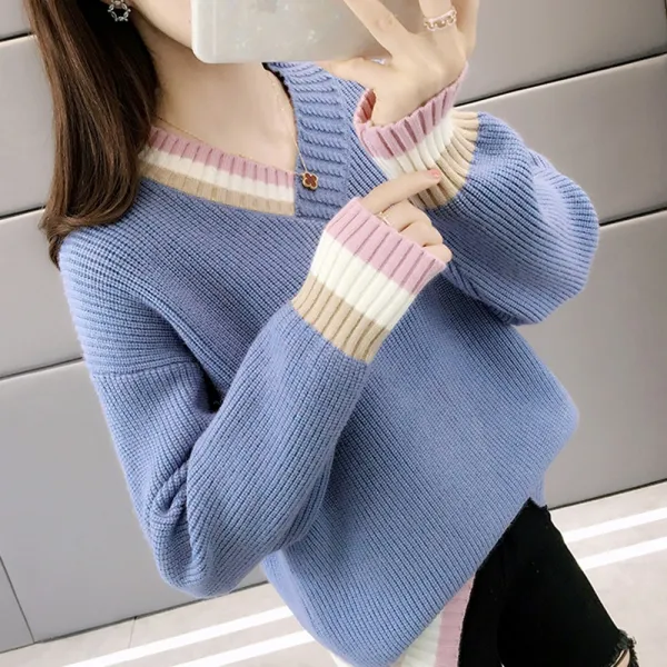 원스토어 XY1414 브이넥 파스텔 컬러 니트 배색 긴팔티 4컬러