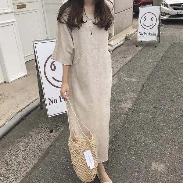 원스컴퍼니 여성빅사이즈 루즈핏 린넨 롱원피스(오트밀 아이보리)