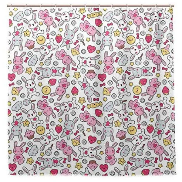 LIASDIVA 방수 샤워 커튼 일본 만화 패턴 보육원 해피 토끼 컵 케이크 하트 꽃 조성 180x180cm 길이 목욕, 상세 설명 참조0