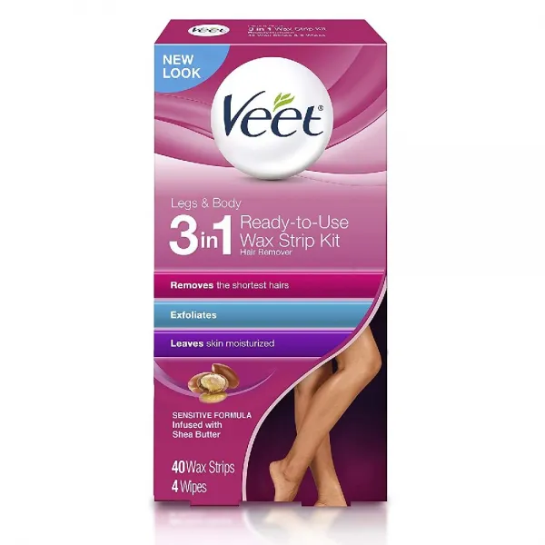 Veet 다리 및 체모 제거 키트 민감한 공식 즉시 사용 가능한 콜드 왁스 시어 버터 & 아카이 향수 40 카운, none