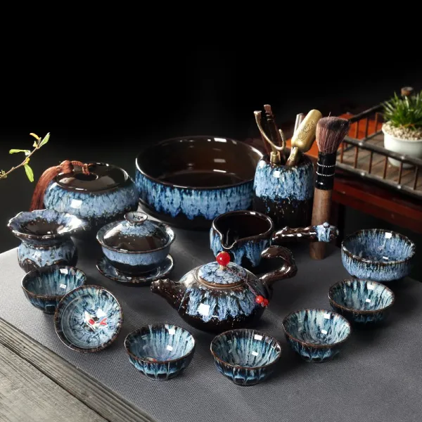 보여 건잔가마 균요 광휘 로얄킴스6인홈 룩 도자기 옆 손잡이 화상방지 가정용 다도 별이총총한하늘 블루 （용등호 ）15