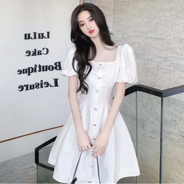 빈티지화이트원피스 첫사랑 부드러운 초콜렛색 본래의 가벼운 풍습 와이드 루즈핏 여승무원 스퀘어넥 슬림핏 2815681850