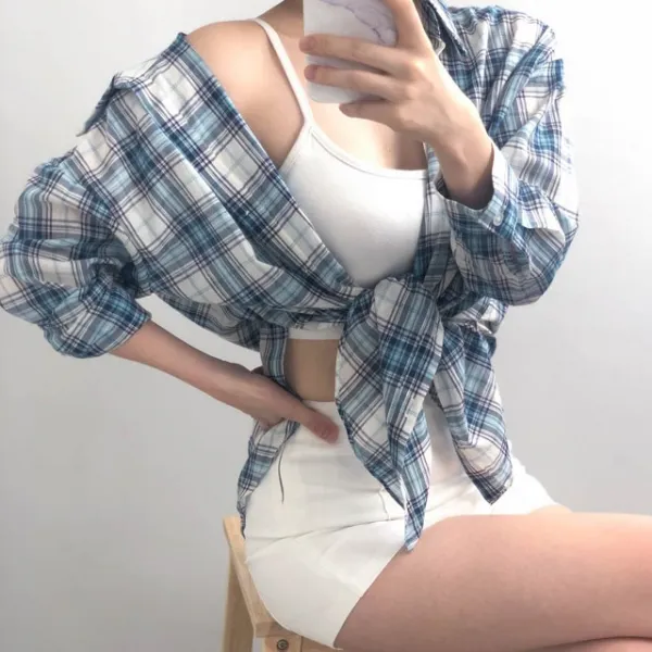 오늘도입다 박시핏 오프숄더 거즈면 봄 여름 체크 셔츠