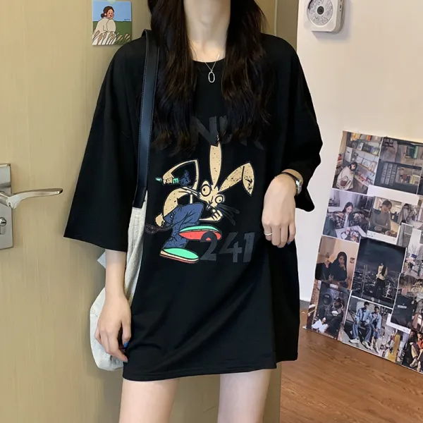0 여름 복고 슬랙스 멋쟁이 토끼 프린트 반팔 티 여 Ins 트렌드 캐릭터 상의 옷