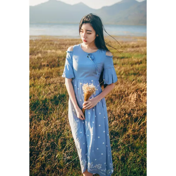 십이월직구 여름오프숄더원피스 말끝 마원피스 슬림핏 라운드넥 버블 소매 오픈숄더 반팔 롱