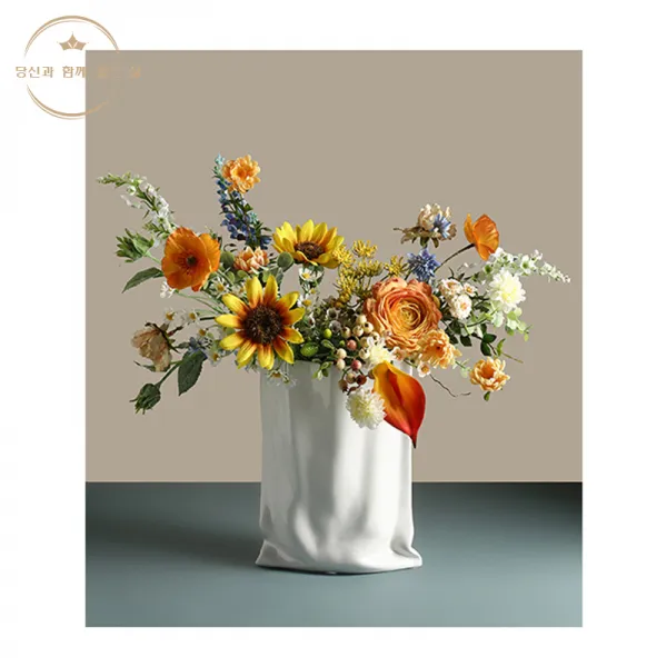 贝汉美陶瓷花瓶镀银简约客厅纸袋插花家居装饰拍照道具餐桌摆件, 살구비봄꽃세트