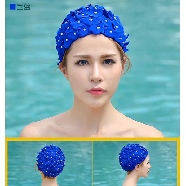 수영모 (원숭이 집)개성적인 자 수공업 봉제 진주 꽃송이 편안한 고탄력 여성 패브릭모자, 기본