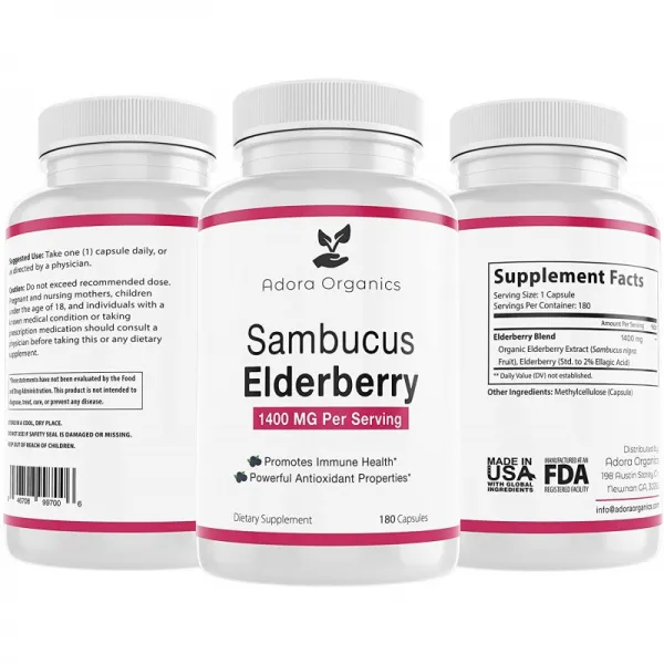 Adora Organics Sambucus Elderberry-1400mg-180 캡슐-면역성이있는 지원 & 산화 방지제, 1