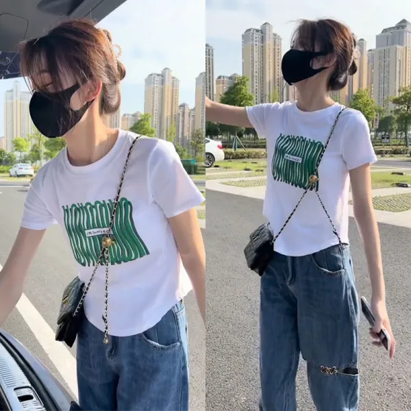 여자티셔츠코디 여름옷 직업 여성 2022 슬림핏 상의 청바지 깨지다 데미지팬츠 4891404554