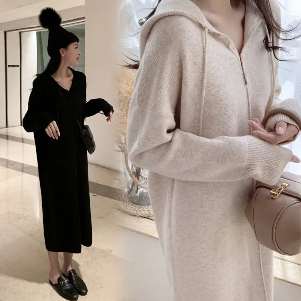 이노뱅크 F1528b 여성 후드 버튼 니트 롱원피스 긴팔 원피스