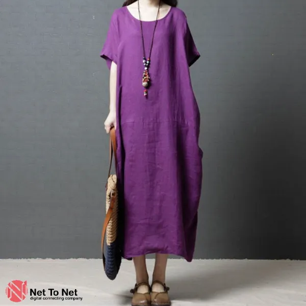 도깨비몰 여성 여름 빅사이즈 얇은 반팔 심플 린넨 롱 원피스 박시 드레스 571222427028