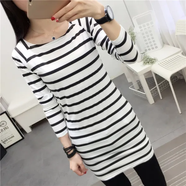 여성 봄 여름 긴팔 원피스 홈웨어 롱티셔츠 줄무늬 캐주얼 넷투넷 569815064966