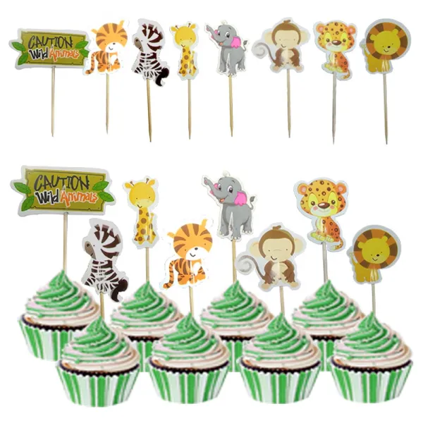 24pcs Safari Jungle Party Animal Cupcake Toppers 생일 파티 장식 아이 베이비 샤워 걸이 컵케이크 토퍼를 선호하다, 01 24pcs-Animal Cake