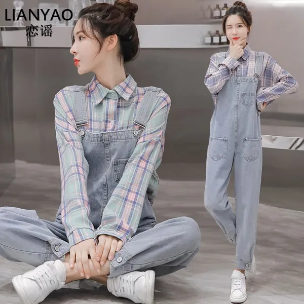 싱푸리 데님 점프수트 일자바지 캠핑룩 여자바지 커플 개강룩 시밀러룩