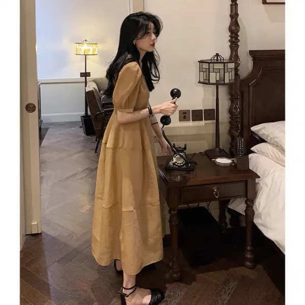 퍼프소매원피스 프렌치 티 멈추다 롱 소프트스타일 첫사랑 러블리 허리보정 자 여성 여름 3345591163, 티 색 L