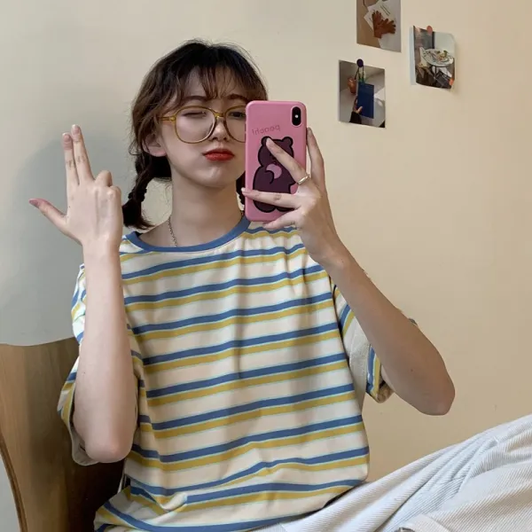 6535 면 스트라이프 티 여 반팔 새로 열림 학번 레인보우 상의 학생 9842 면반팔티셔츠