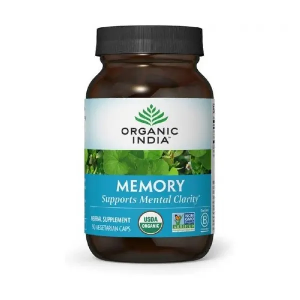 Organic India Memory Herbal Supplement - 정신 명확성 및 건강한 신경계 지원 면역 지원 비건 글루텐 프리 코셔 USDA 인증 유기농 Non-GMO 90캡슐, 1병