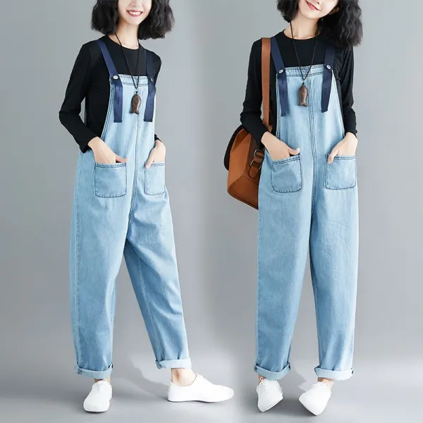 여성 데님 멜빵 바지 점프수트 가랑이가 큰 여자 바지 라지 가을룩 통통mm감령 멜빵바