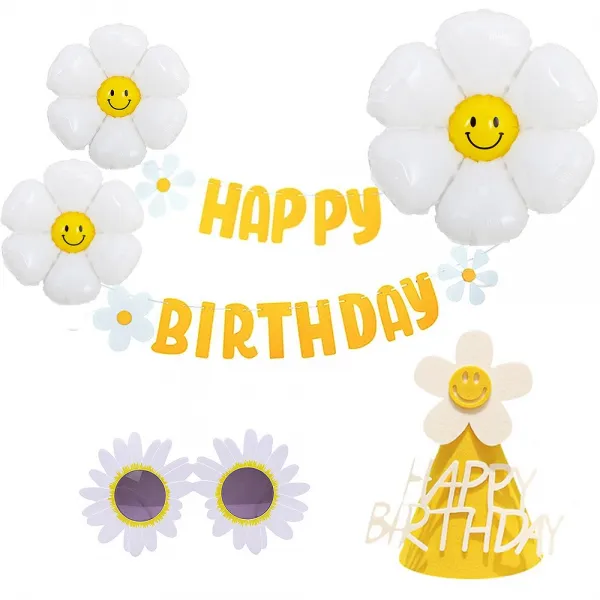 올리브파티 데이지 풍선 펠트 가랜드 모자 안경 생일파티 용품 세트 홈파티, 옐로우