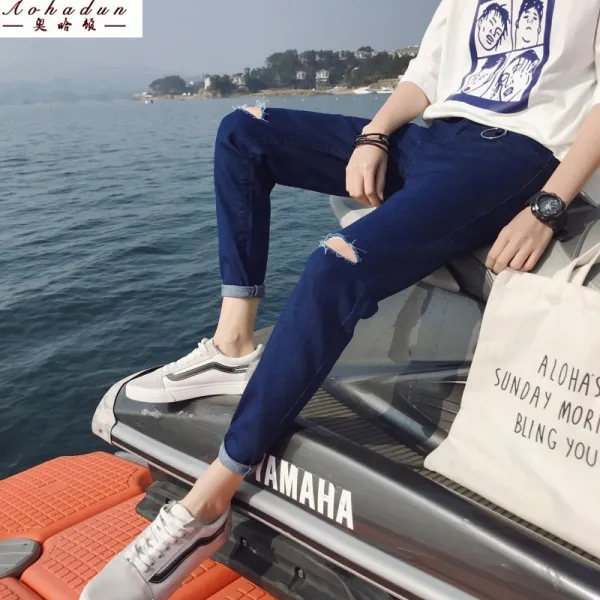 비나 키작은 데님팬츠 어글리 남자 키커 보이는 155CM 대미지 160 구걸다 그들을 위해 애걸함 청바지 9부 스키니 낡아