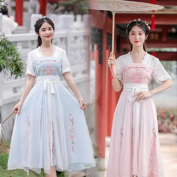 K직구 2021 레트로 국고풍 가슴개량 원피스 감미로운 소녀 자수 한 원소