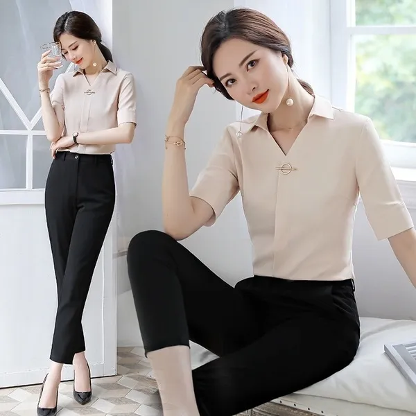 스마트셀러 해외직구 반팔 블라우스 비즈니스 슬림 브이넥 셔츠