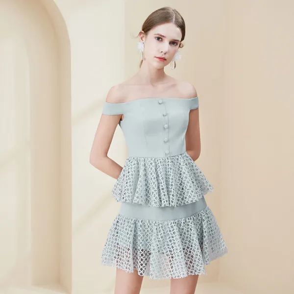 슈가파워 여름 신록 일자 어깨 펀칭 레이스 매치 케이크 스커트 오프숄더 원피스 여